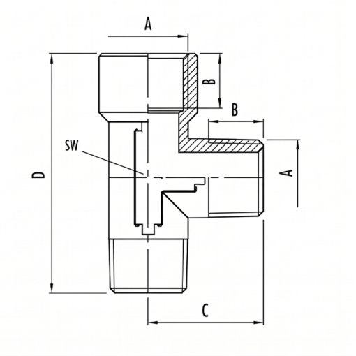 Schita tehnica T metalic alama nichelata filet interior-interior-exterior seria 1258